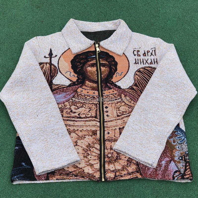 High Street Tapestry Hoodie Cotton Clothing Men's Streetwear Zip Up Silk Liner Jackets Woven Oversized Men's Coat