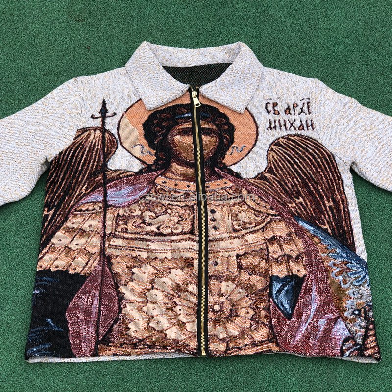 High Street Tapestry Hoodie Cotton Clothing Men's Streetwear Zip Up Silk Liner Jackets Woven Oversized Men's Coat