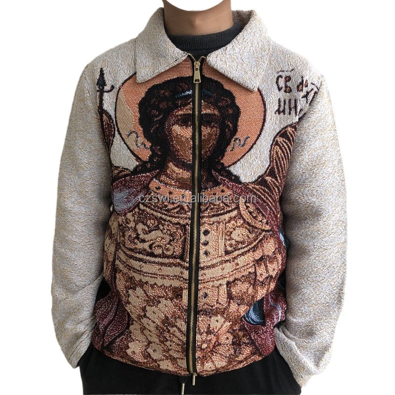 High Street Tapestry Hoodie Cotton Clothing Men's Streetwear Zip Up Silk Liner Jackets Woven Oversized Men's Coat