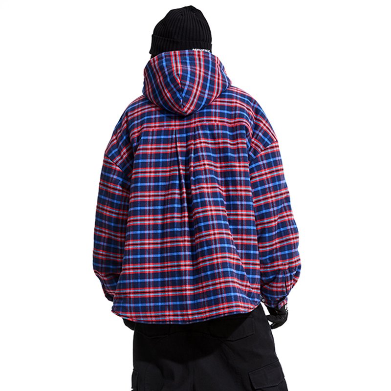 Trendy Brand Men's Autumn Quilted Jacket Streetwear Vintage Patterned Plaid Hooded Reversible Dressing Loose Oversized Thickened