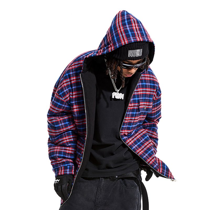 Trendy Brand Men's Autumn Quilted Jacket Streetwear Vintage Patterned Plaid Hooded Reversible Dressing Loose Oversized Thickened
