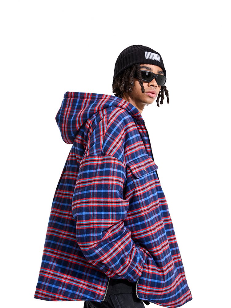 Trendy Brand Men's Autumn Quilted Jacket Streetwear Vintage Patterned Plaid Hooded Reversible Dressing Loose Oversized Thickened