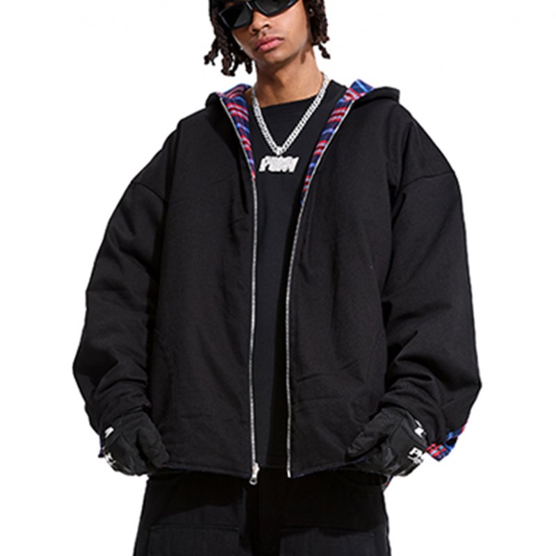 Trendy Brand Men's Autumn Quilted Jacket Streetwear Vintage Patterned Plaid Hooded Reversible Dressing Loose Oversized Thickened