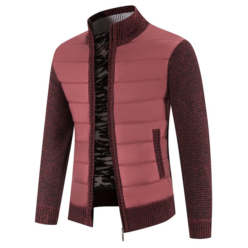 2023 New Men's Knitwear Coat Fashion Patchwork Cardigan Stand Collar Cotton Padded Jacket