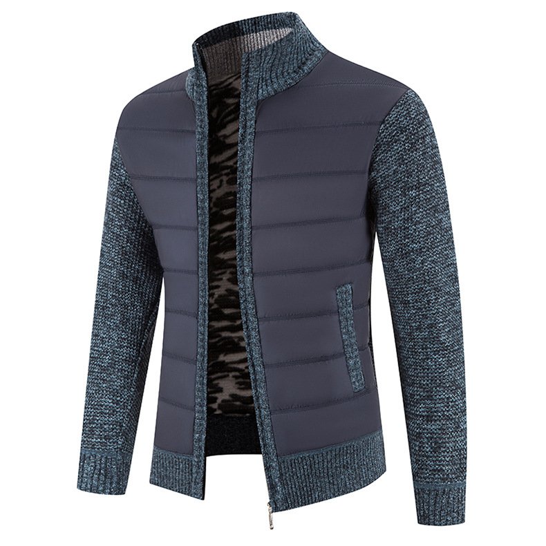 2023 New Men's Knitwear Coat Fashion Patchwork Cardigan Stand Collar Cotton Padded Jacket