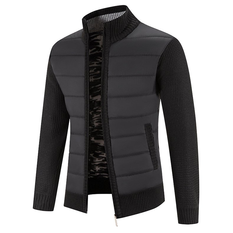 2023 New Men's Knitwear Coat Fashion Patchwork Cardigan Stand Collar Cotton Padded Jacket
