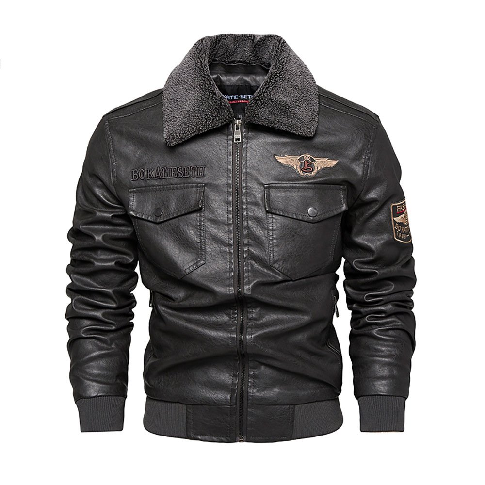 Men's winter motorcycle jacket with extra cashmere and thick lapel pu coat