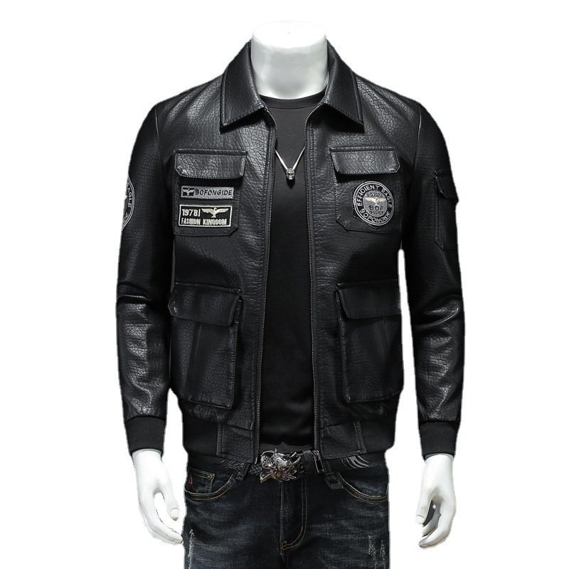 2023 Wholesale Spring and Autumn jacket coat men's plus size slim lapel embroidery men's leather jacket