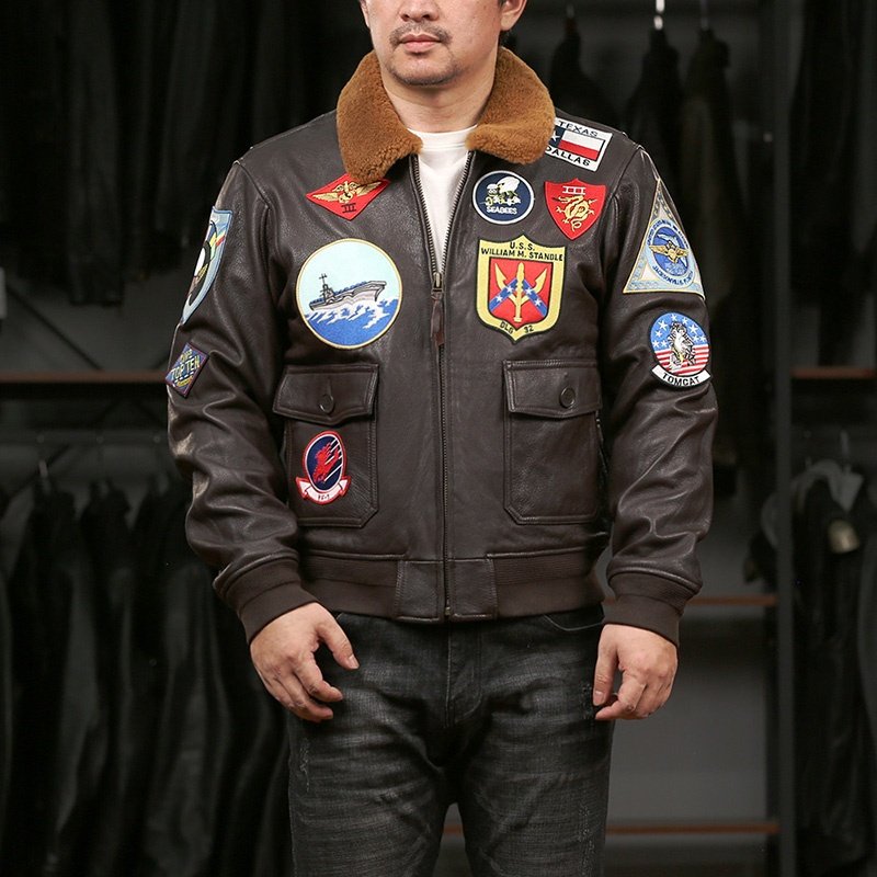 OEM Classic Custom High Quality Embroidery Top Gun Bomber Real Leather Jacket Motorcycle Fur Collar Vintage Men's Goat Skin Coat