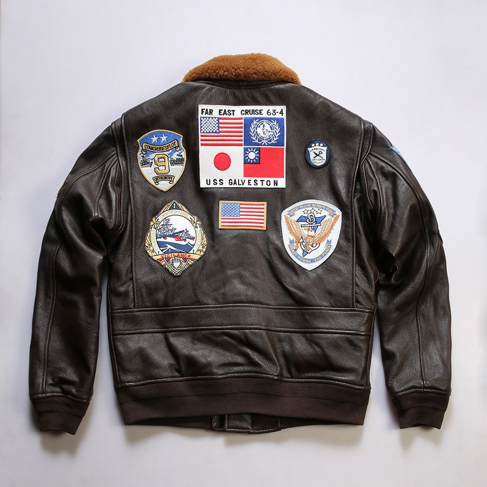 OEM Classic Custom High Quality Embroidery Top Gun Bomber Real Leather Jacket Motorcycle Fur Collar Vintage Men's Goat Skin Coat