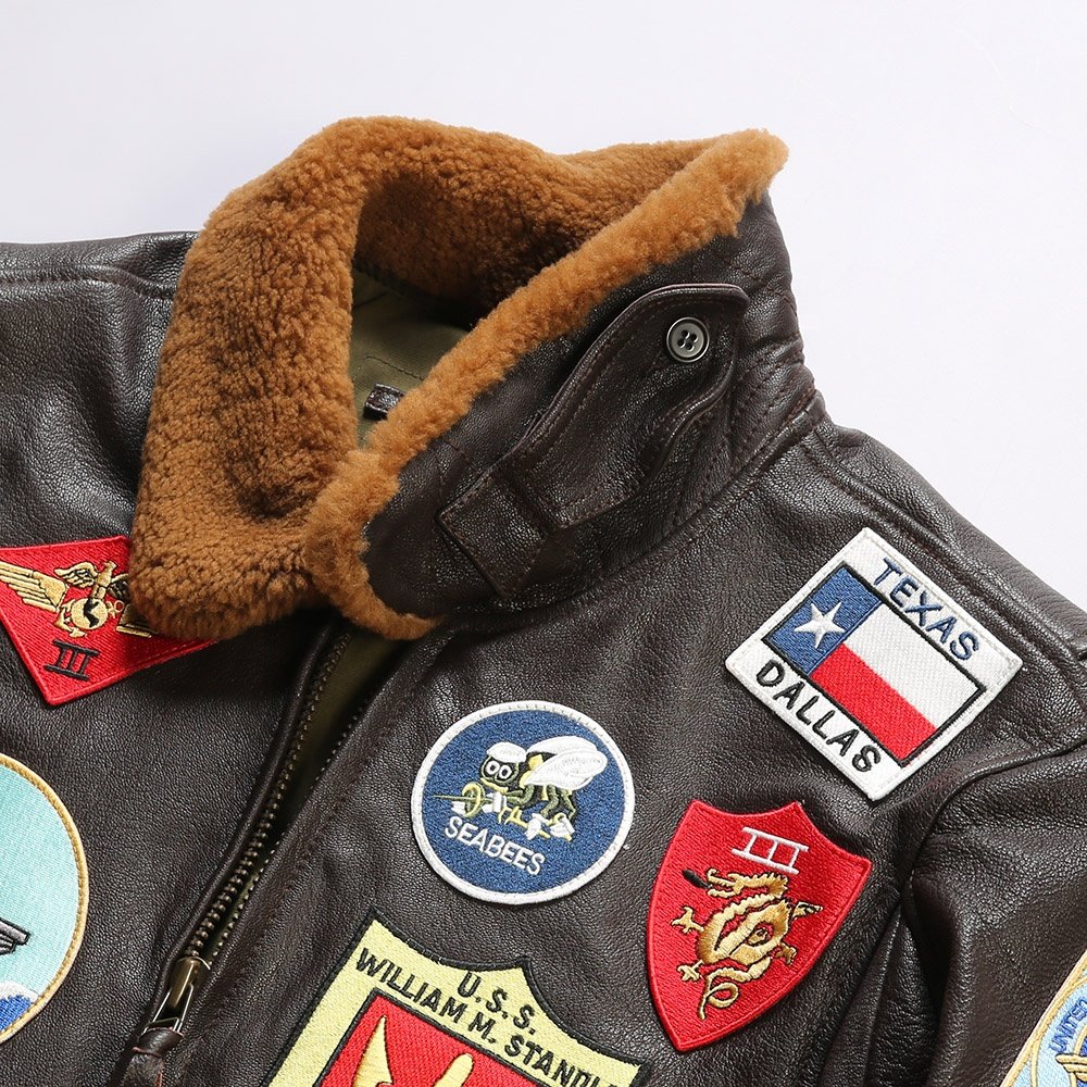 OEM Classic Custom High Quality Embroidery Top Gun Bomber Real Leather Jacket Motorcycle Fur Collar Vintage Men's Goat Skin Coat