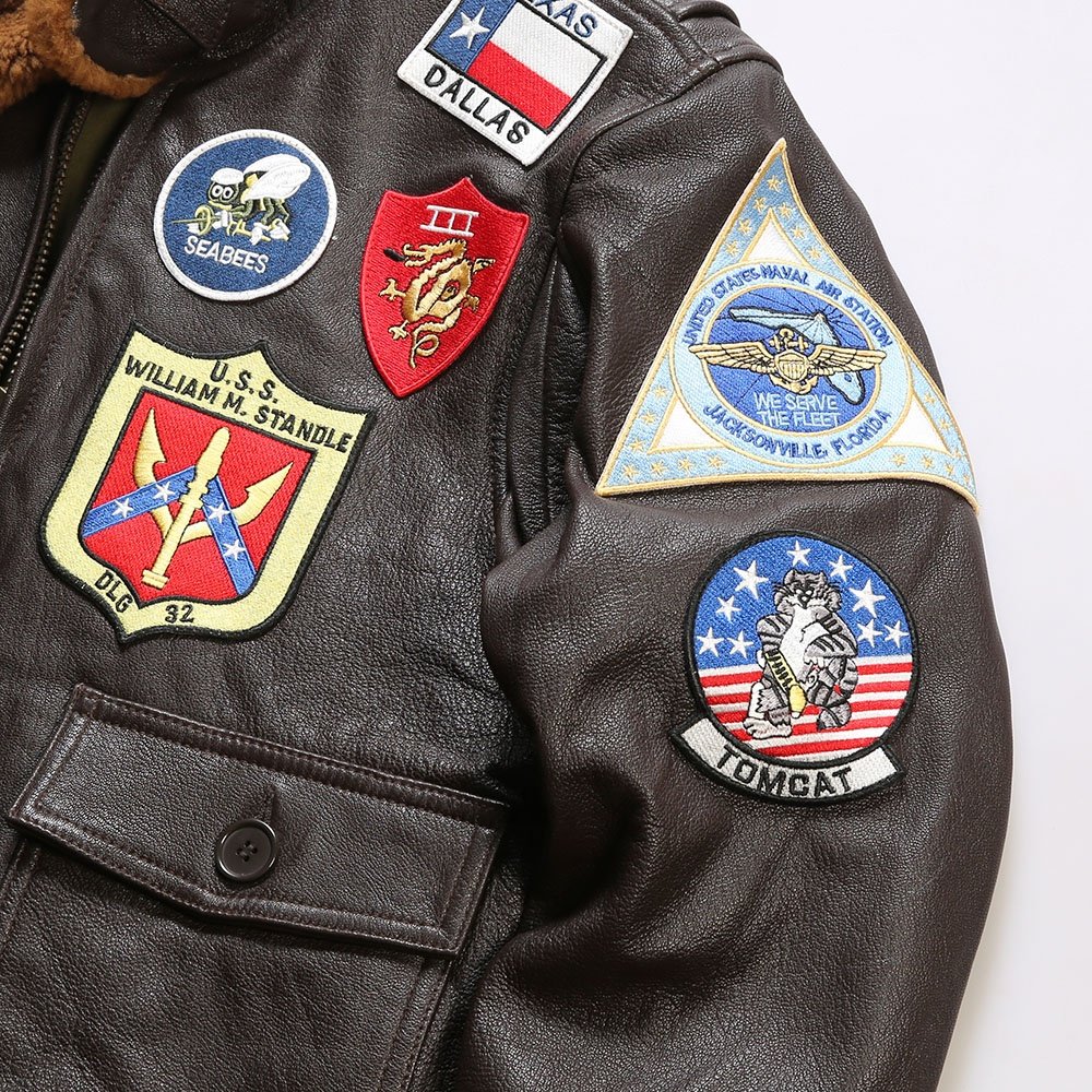 OEM Classic Custom High Quality Embroidery Top Gun Bomber Real Leather Jacket Motorcycle Fur Collar Vintage Men's Goat Skin Coat