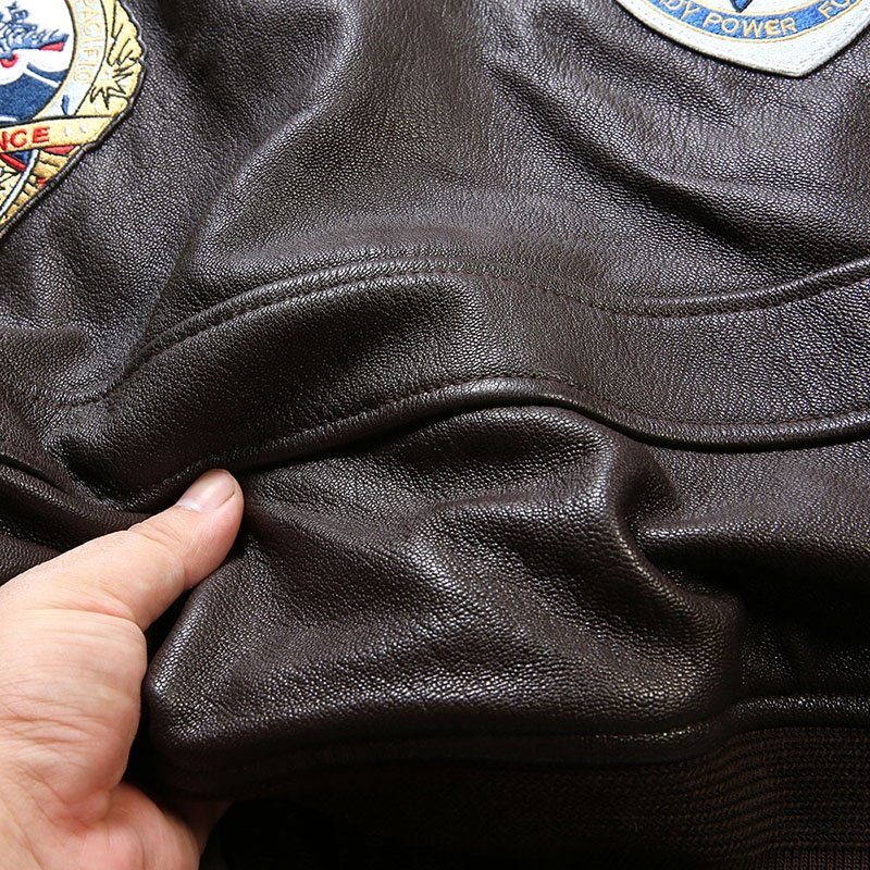 OEM Classic Custom High Quality Embroidery Top Gun Bomber Real Leather Jacket Motorcycle Fur Collar Vintage Men's Goat Skin Coat