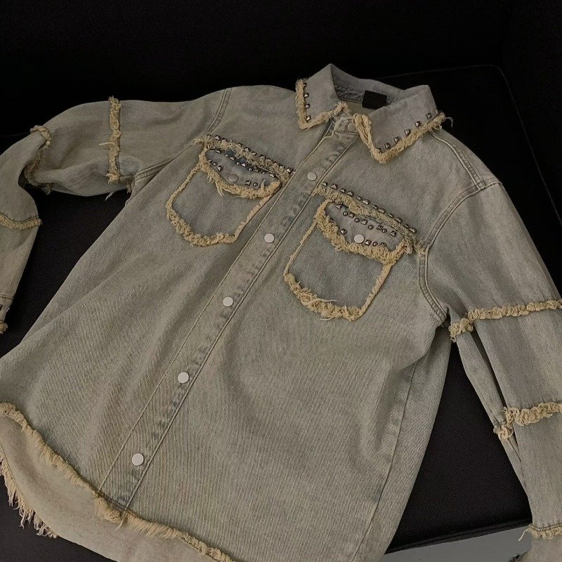 Vintage Men's Jackets Little Fragrant Denim Jacket with Furred Edge Advanced Cargo Design for Fall