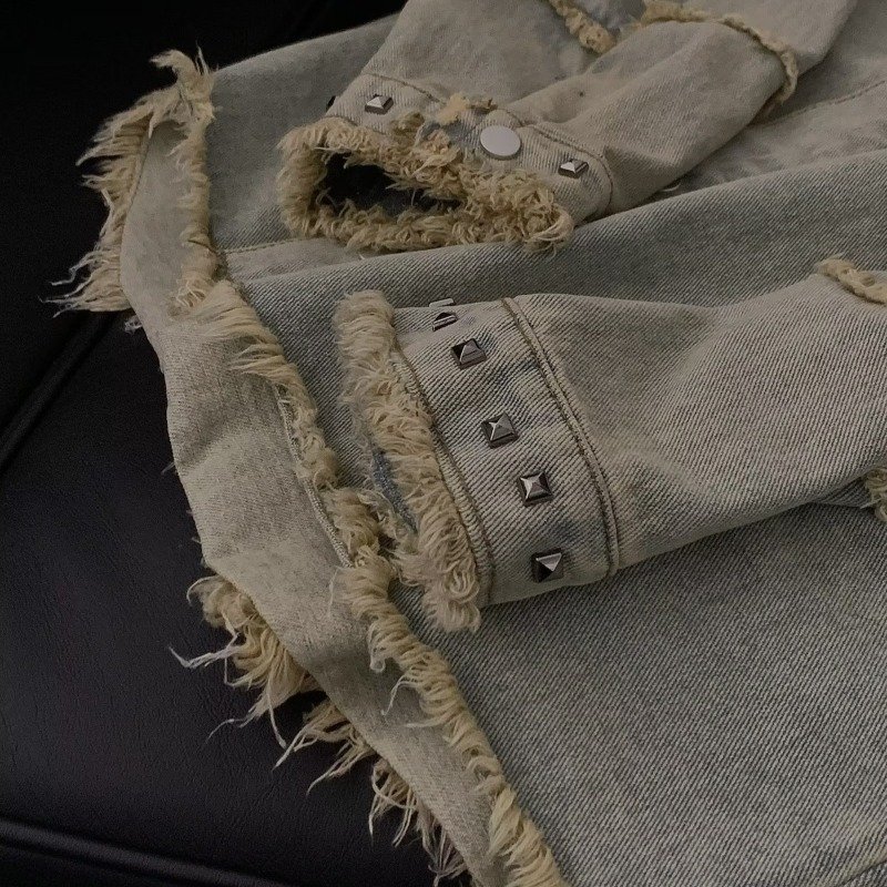 Vintage Men's Jackets Little Fragrant Denim Jacket with Furred Edge Advanced Cargo Design for Fall