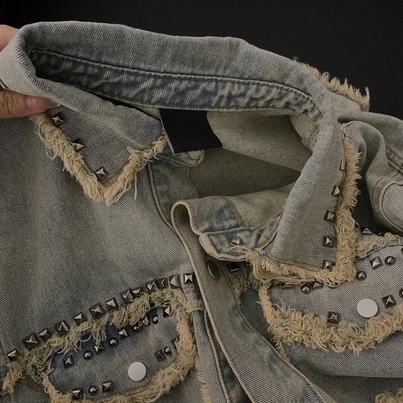 Vintage Men's Jackets Little Fragrant Denim Jacket with Furred Edge Advanced Cargo Design for Fall