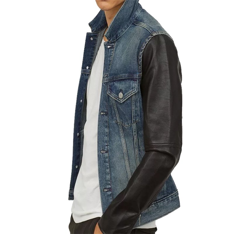 Wholesale Men Denim Jacket Coat Custom Winter Men Motorcycles Jean Jacket With Faux Leather Sleeves