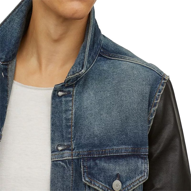 Wholesale Men Denim Jacket Coat Custom Winter Men Motorcycles Jean Jacket With Faux Leather Sleeves