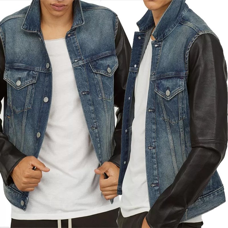 Wholesale Men Denim Jacket Coat Custom Winter Men Motorcycles Jean Jacket With Faux Leather Sleeves