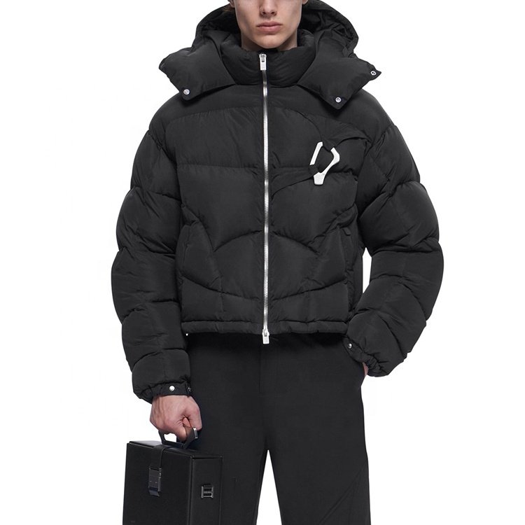 High quality black tapestry short design down jacket men's hooded