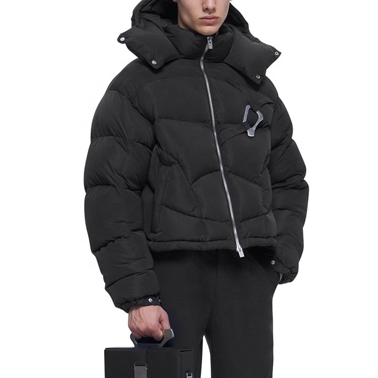 High quality black tapestry short design down jacket men's hooded