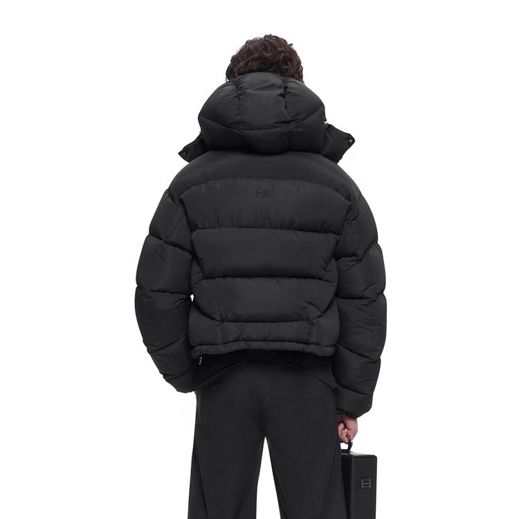 High quality black tapestry short design down jacket men's hooded