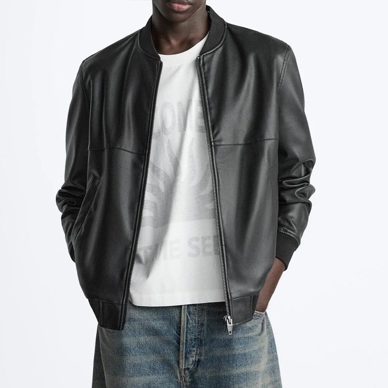 ZATRHMBM men's autumn and winter casual jacket 2024 new fashion imitation leather jacket retro round neck long sleeve trendy top