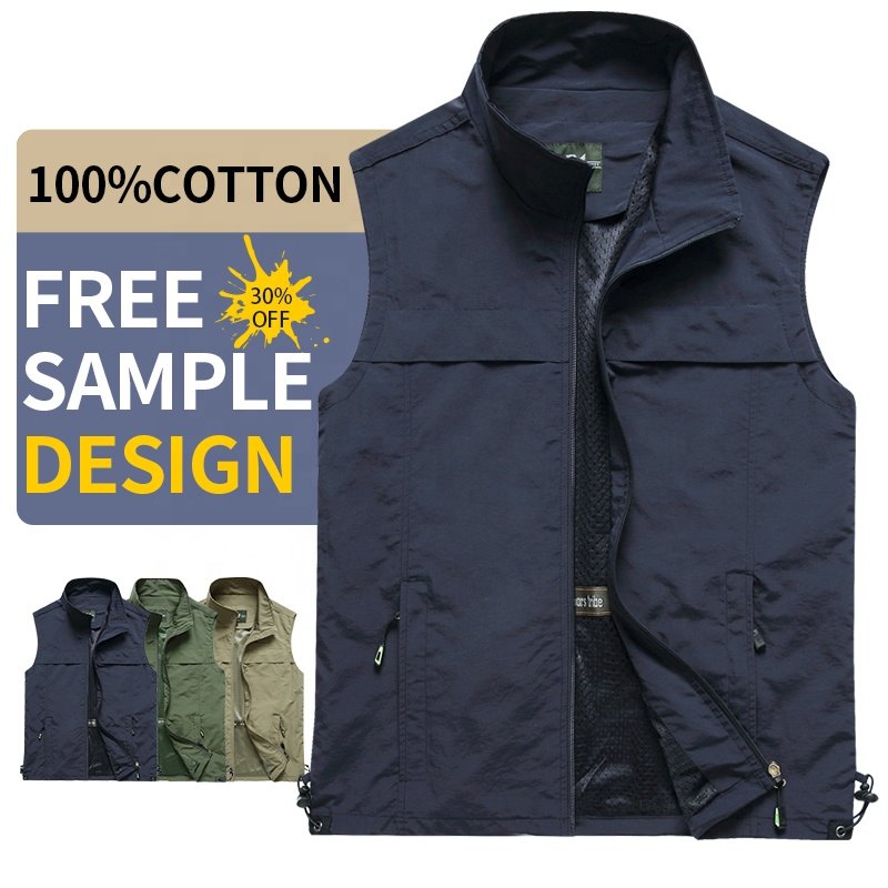 Stock multi-pocket fisherman vest Custom logo vest Fishing hiking reporter photography camping hunting men's vest