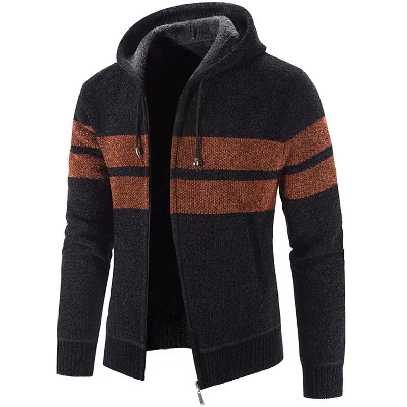 Huachao hot sale zipper men's clothing knit long sleeve stripe sweater o neck hoodie jacquard man sweater