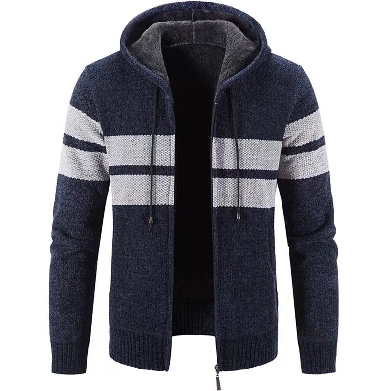 Huachao hot sale zipper men's clothing knit long sleeve stripe sweater o neck hoodie jacquard man sweater