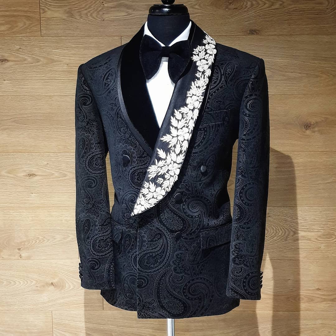 Made to Measure Men's Wedding Black Velvet Jacket Slim Fit Grooms Dinner Party Wear Embroidered