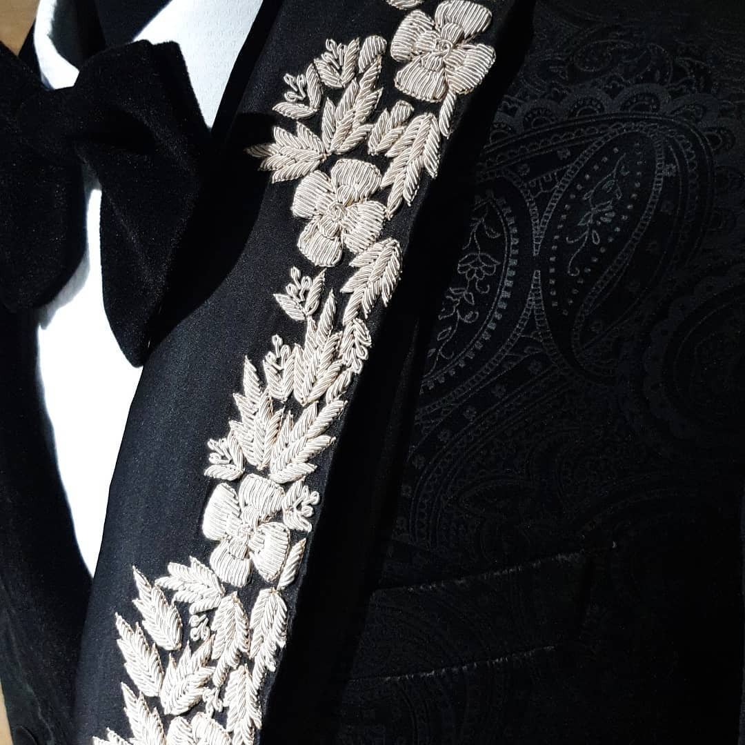 Made to Measure Men's Wedding Black Velvet Jacket Slim Fit Grooms Dinner Party Wear Embroidered