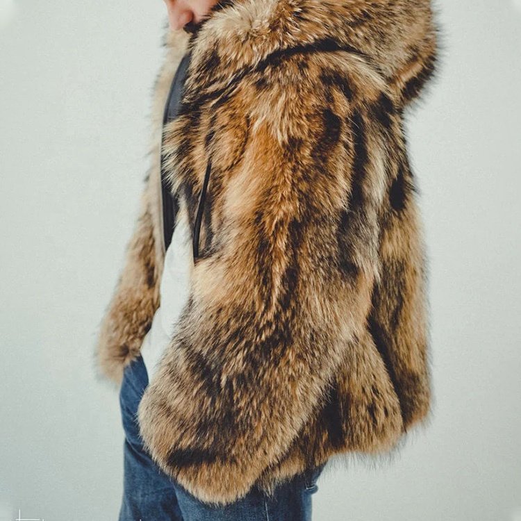 Winter Warm Outerwear Men's faux fur Coat Jacket Soft Outdoor Casual Hood Brown Pure Color Artificial Fleece Fur Coat