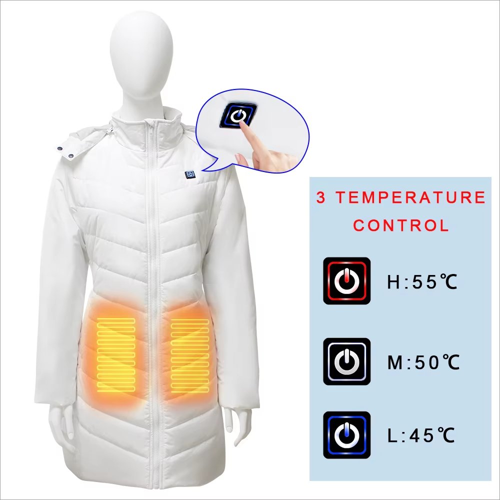 High Quality Woman Battery 12V Heated Mid Long Down Jacket for Outdoor Winter Hiking Snow Female Heat Jacket