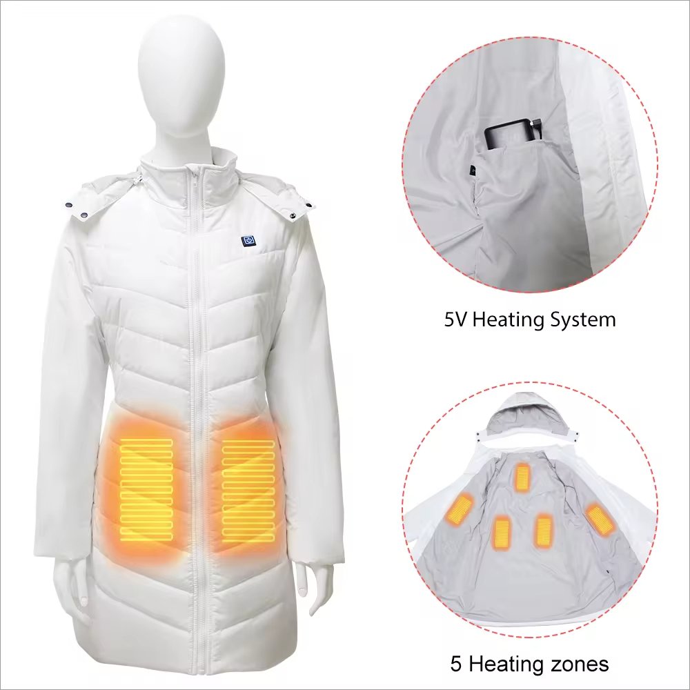 High Quality Woman Battery 12V Heated Mid Long Down Jacket for Outdoor Winter Hiking Snow Female Heat Jacket