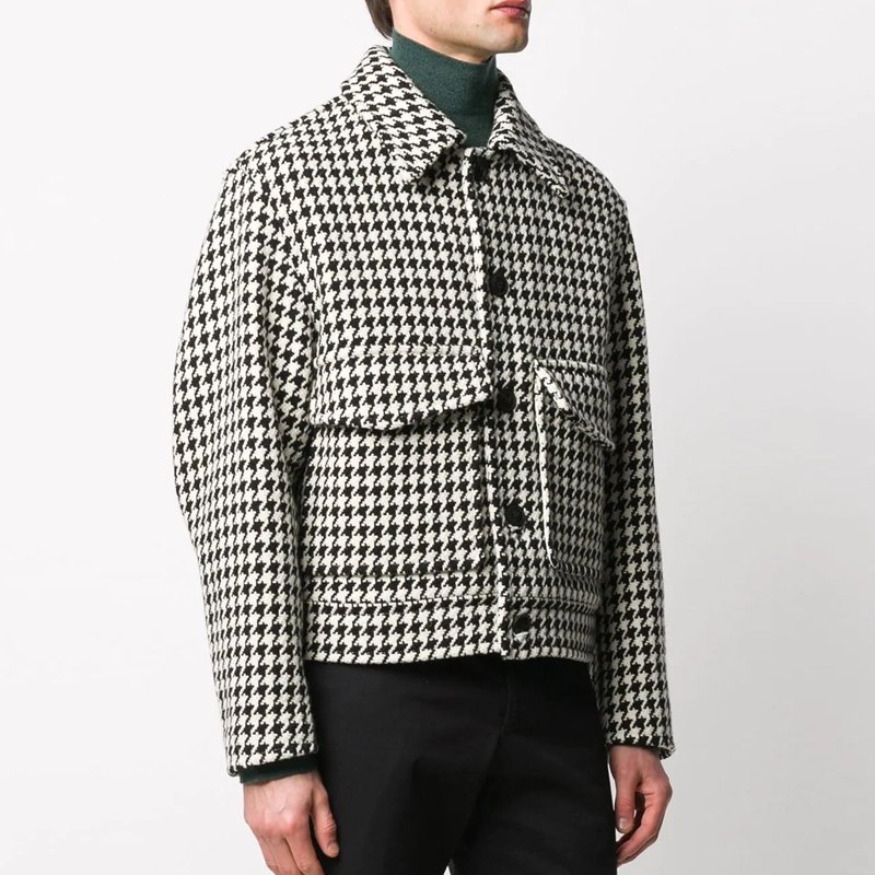 Boxy Fit Jacket Men's Long-sleeved Shirt Jackets Customized Logo Houndstooth Wool / Polyester Shell Men's Jeans Custom Logo