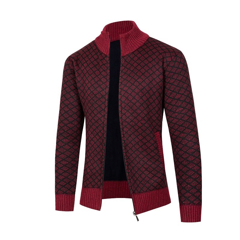 Customized Autumn New Men's Cardigan Fleece Thickened Simple Diamond Knitted Winter Jacket Men
