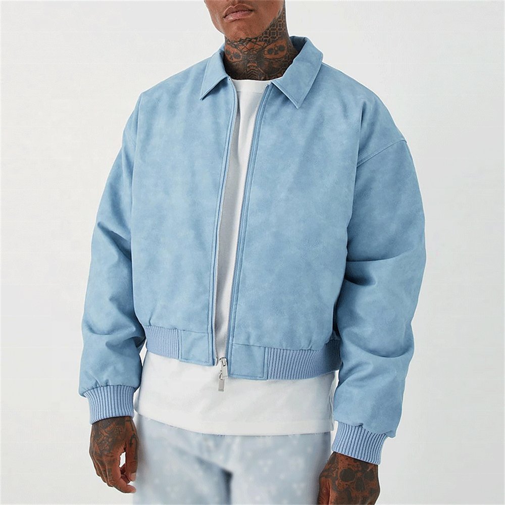 Custom 3D Embossing Logo Factory Wholesale Streetwear Square Collar Coat Bomber OEM High Quality Zip Up Men's Leather Jacket