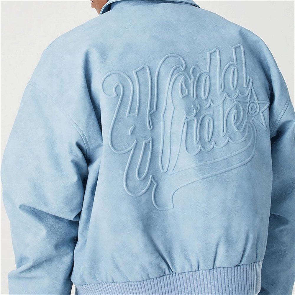 Custom 3D Embossing Logo Factory Wholesale Streetwear Square Collar Coat Bomber OEM High Quality Zip Up Men's Leather Jacket
