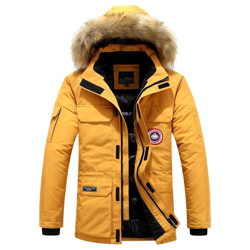 Canada Wholesale Men's Winter Parka Jacket Plus 6XL Long Thick Stand Collar Hood Waterproof Fabric Pattern Lightweight Logo
