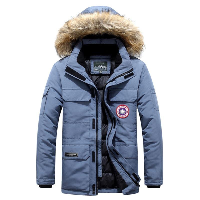 Canada Wholesale Men's Winter Parka Jacket Plus 6XL Long Thick Stand Collar Hood Waterproof Fabric Pattern Lightweight Logo