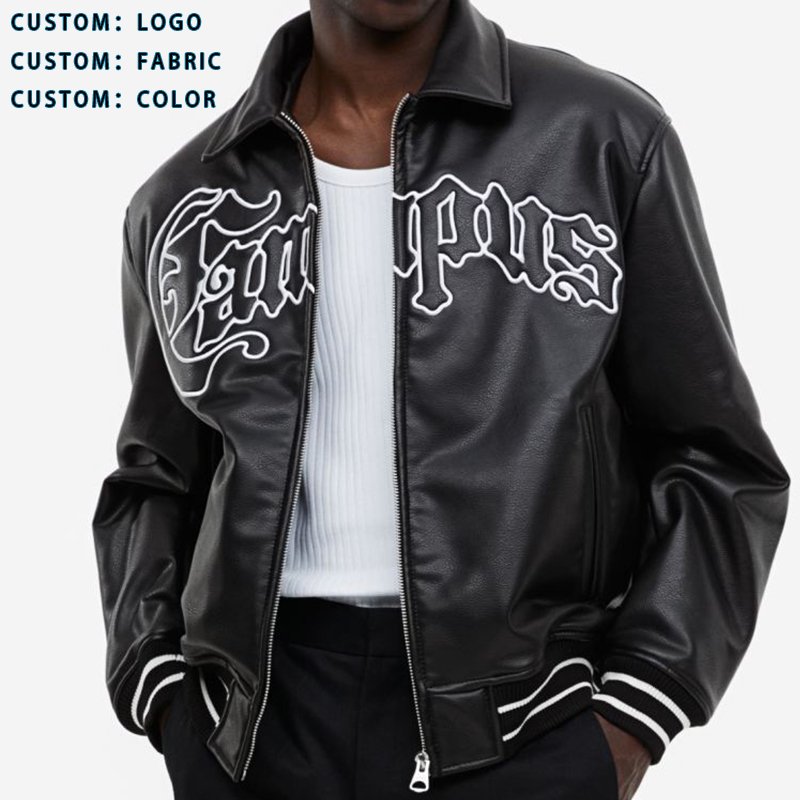 YUJIA Men Streetwear Custom Fashion PU Leather Winter Boxy Embroidery Motorcycle Varsity Oversize Jackets