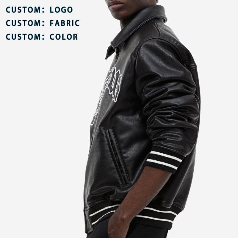 YUJIA Men Streetwear Custom Fashion PU Leather Winter Boxy Embroidery Motorcycle Varsity Oversize Jackets