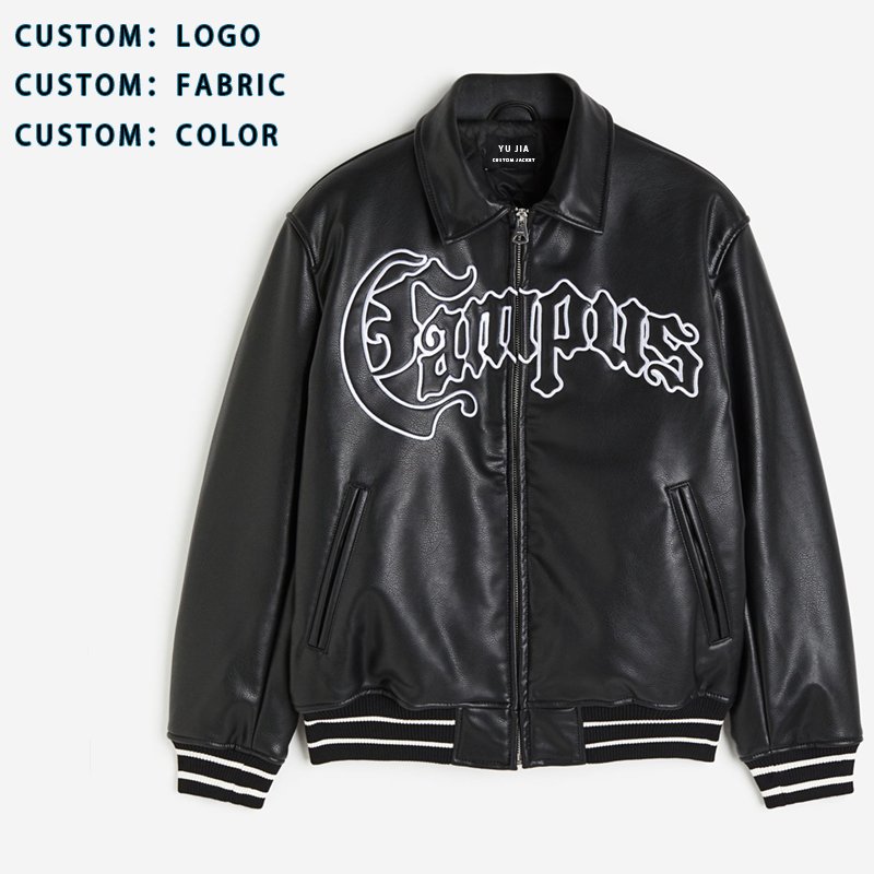 YUJIA Men Streetwear Custom Fashion PU Leather Winter Boxy Embroidery Motorcycle Varsity Oversize Jackets