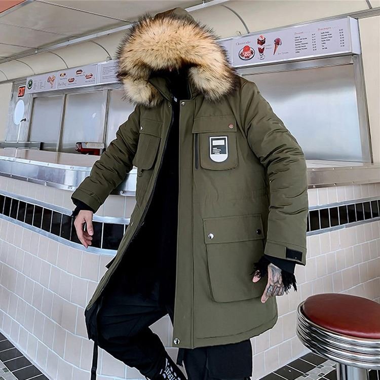 Men's plus velvet warm cotton padded jacket casual multi-pocket cargo "WOLF KING" THICK FUR PARKA