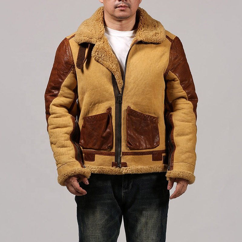 Winter High Quality Men's Genuine Leather Flight Aviator Fur Shearling Real Sheepskin B-3 Fur Bomber Thick Jackets
