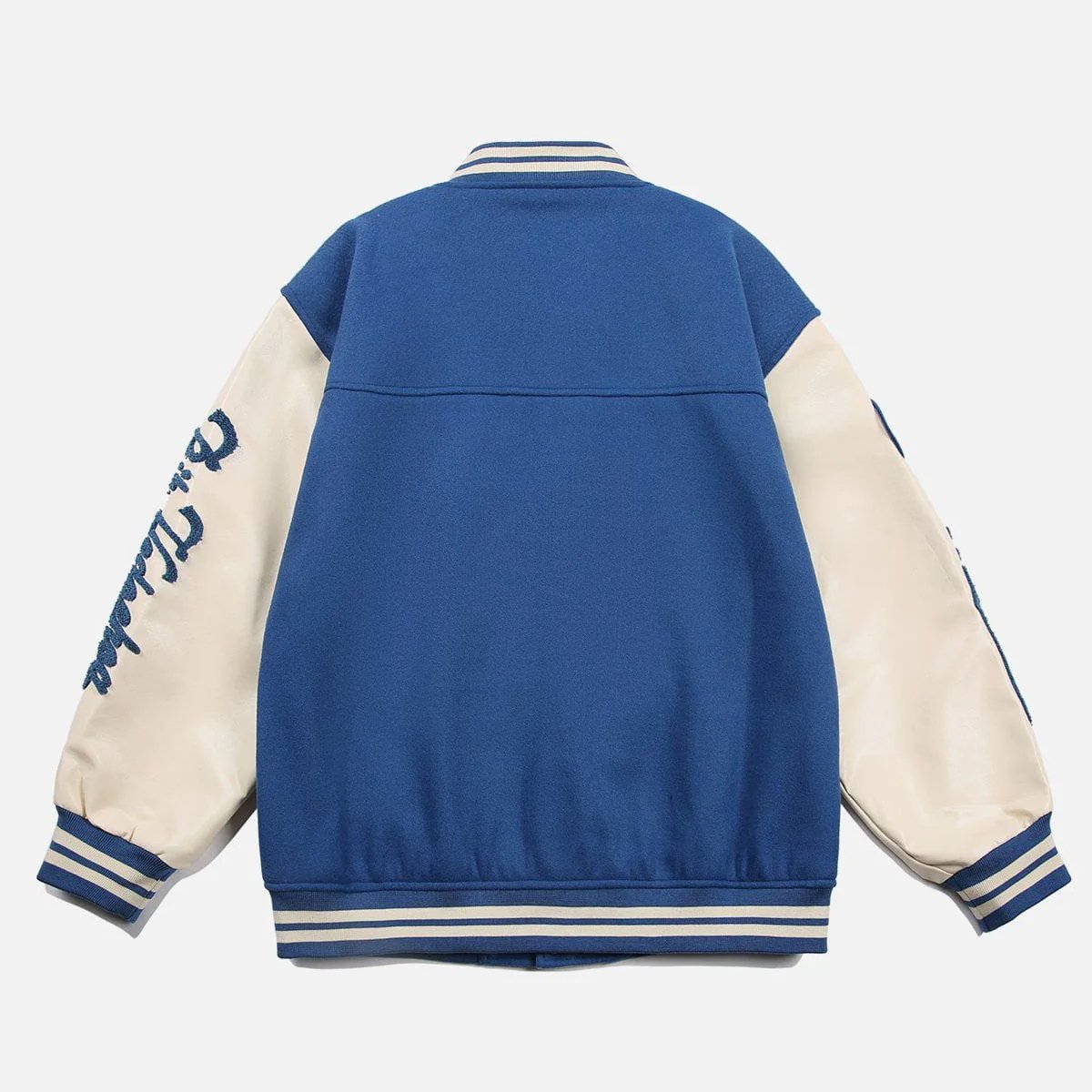 2024 Custom Logo Leather Sleeves Embroidery Black Couple College Baseball Men's Jacket Letterman Light Blue Varsity Jacket