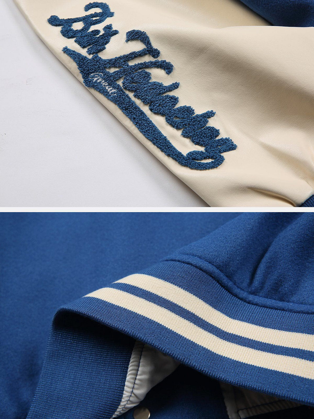 2024 Custom Logo Leather Sleeves Embroidery Black Couple College Baseball Men's Jacket Letterman Light Blue Varsity Jacket