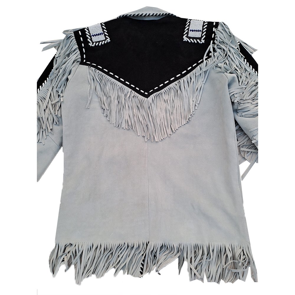 Black White Pakistani Fringed & Beaded Suede Leather 2024 Stylish American Style Men Jacket