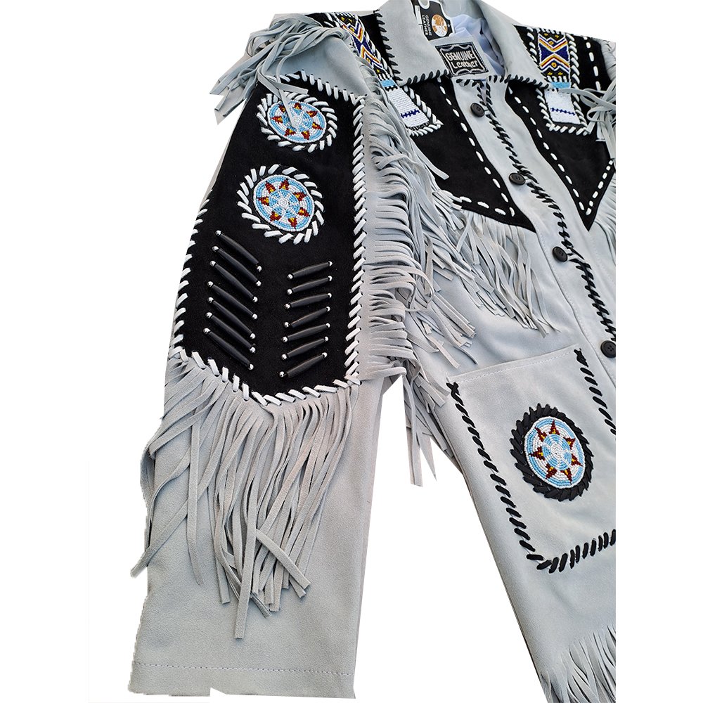 Black White Pakistani Fringed & Beaded Suede Leather 2024 Stylish American Style Men Jacket